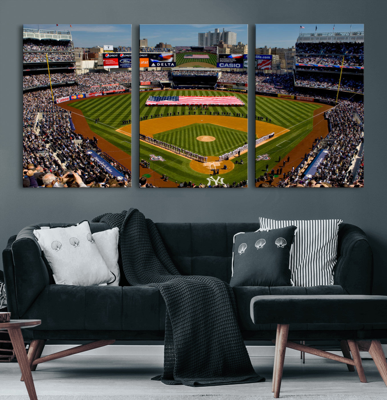 MGV-CV-60X30-3P - Yankee Stadium New York Wall Art Print | 3-Panel Canvas Print of Yankees Baseball Stadium | Large Framed Wall Decor for Baseball Fans | Ready-to-Hang