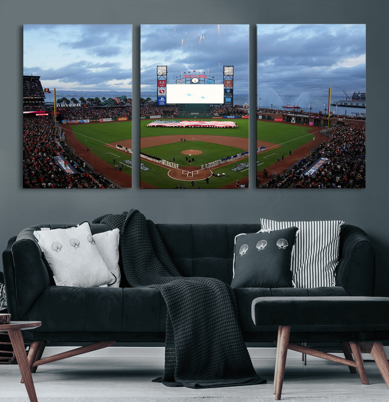 MGV-CV-60X30-3P - Oracle Park San Francisco Giants Wall Art | 3-Panel Canvas Print of Oracle Park Stadium | Large Framed Baseball Wall Decor | Ready-to-Hang MLB Canvas Print