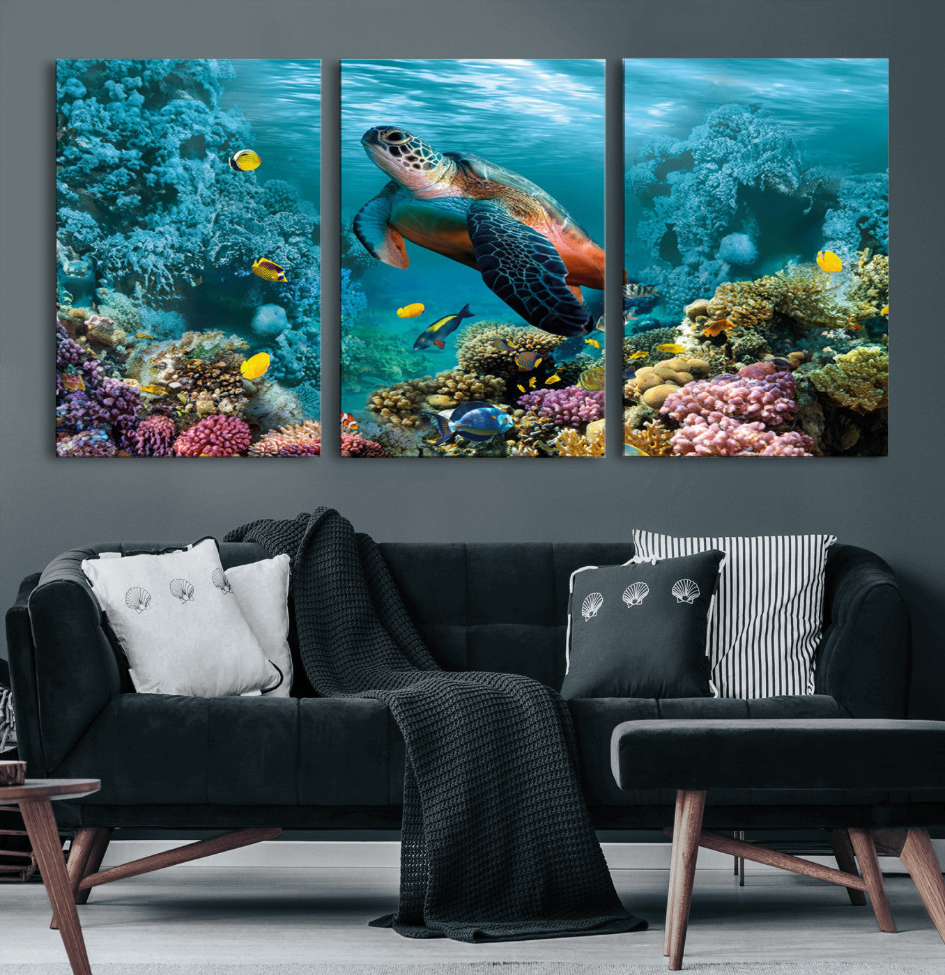 MGV-CV-60X30-3P - Sea Turtle and Coral Reef Triptych Wall Art – Vibrant Underwater Scene Canvas Set for Ocean Lovers and Coastal Decor – Ready to Hang 3-Panel Artwork