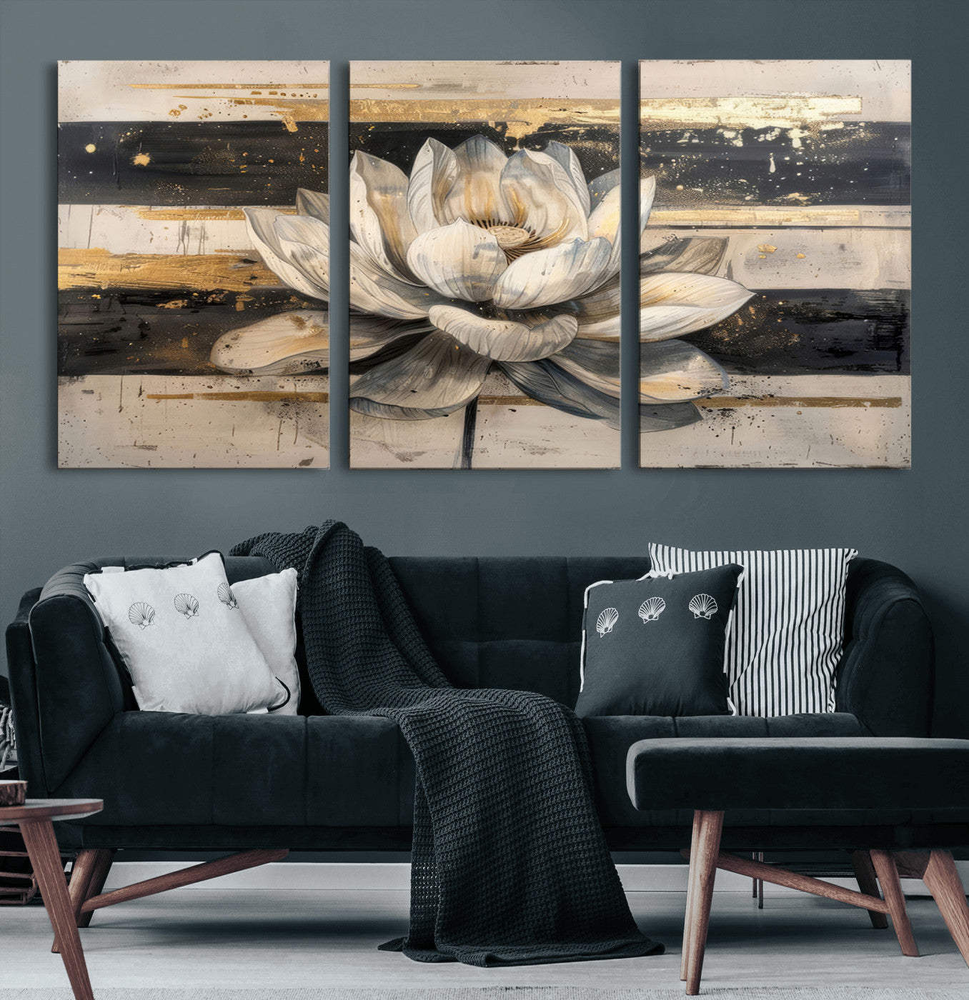 MGV-CV-60X30-3P - Lotus Flower Wall Art Canvas Print, Framed Abstract Lotus Art Picture Print, White Lotus Flower Perfect Abstract Floral Decor Artwork
