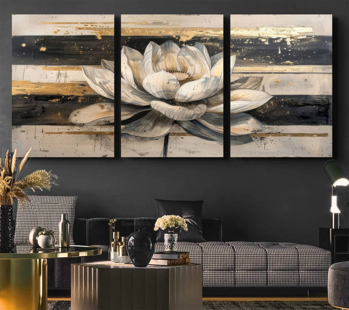 The wall is adorned with an Abstract Lotus Flower Wall Art Canvas Print.