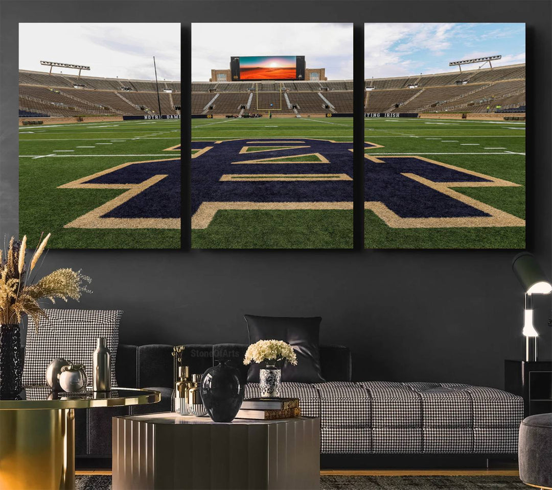 Notre Dame Stadium Triptych: This ready-to-hang giclee canvas print features a vibrant depiction of the football field adorned with an A logo and a stunning sunset.