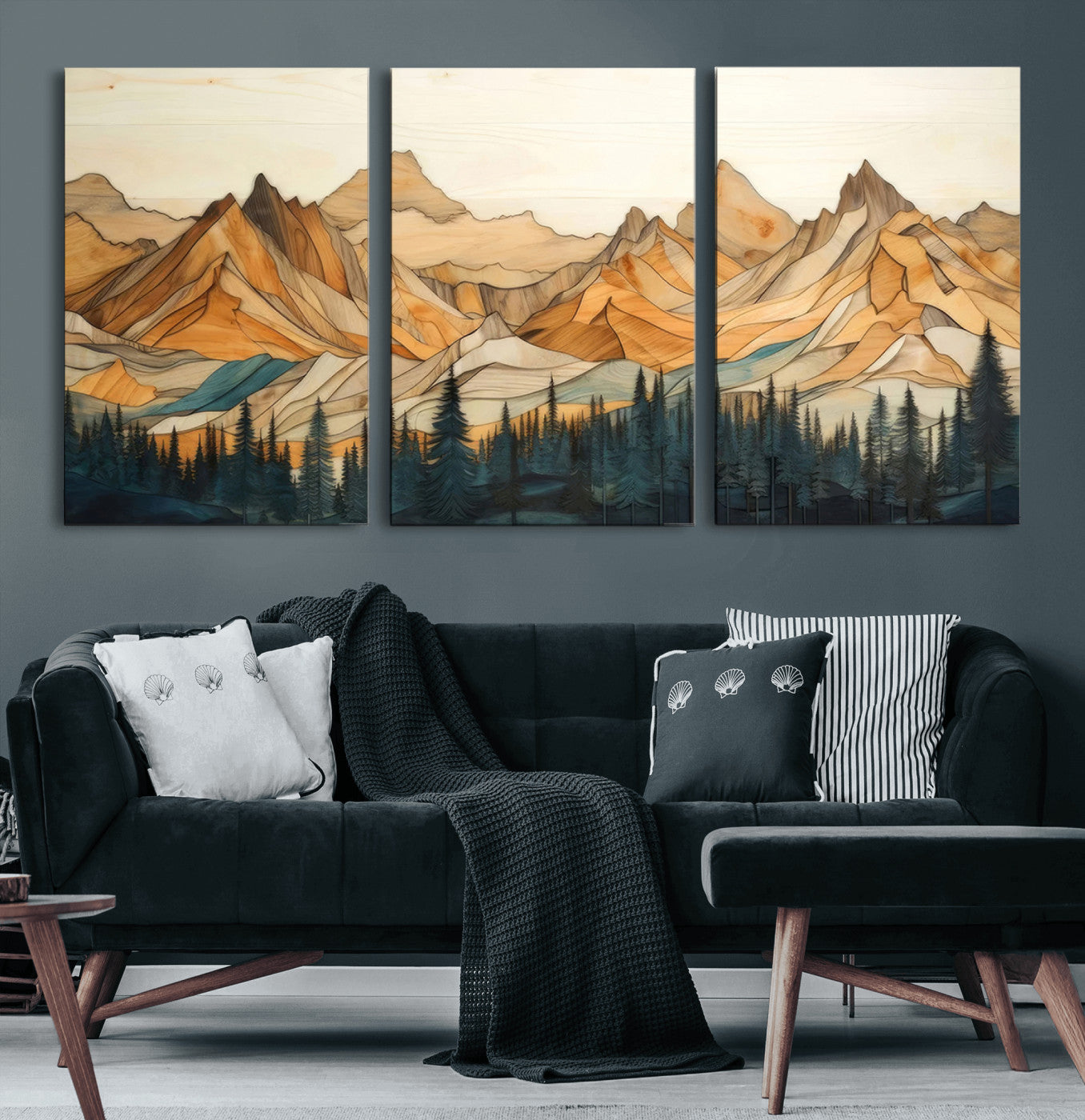 31576-MGV-CV-60X30-3P-Rustic Wood Mountain Wall Art Print | Triptych Giclee Print Featuring Handcrafted Forest and