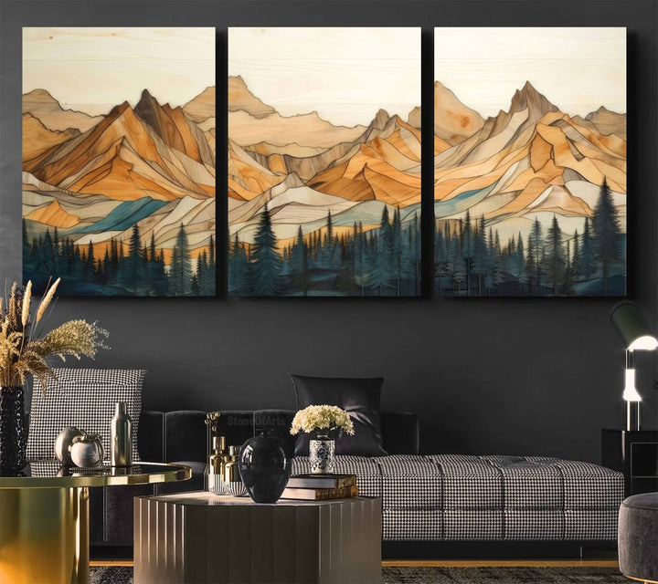 A triptych giclee print of mountains decorates the wall above the counter.