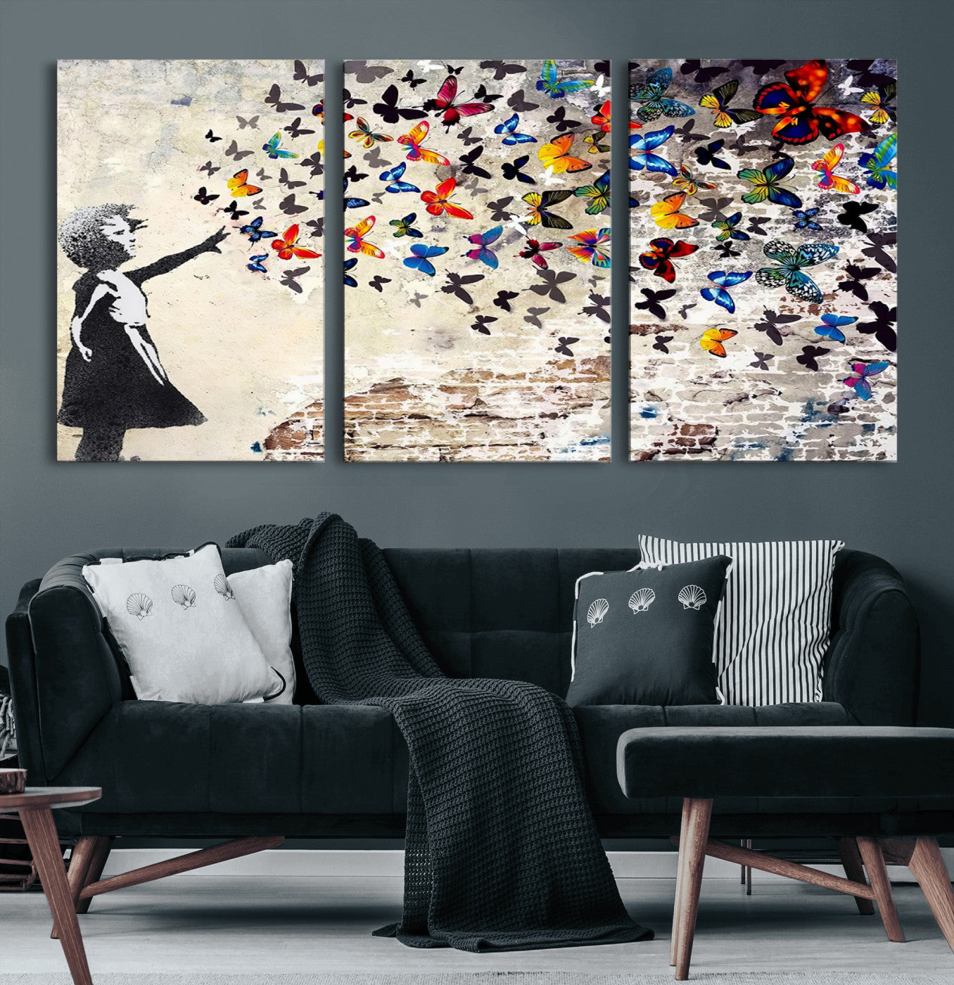 97895-MGV-CV-60X30-3P-Banksy Graffiti Wall Art Canvas Print: Girl Releasing Vibrant Butterflies – Ready to Hang