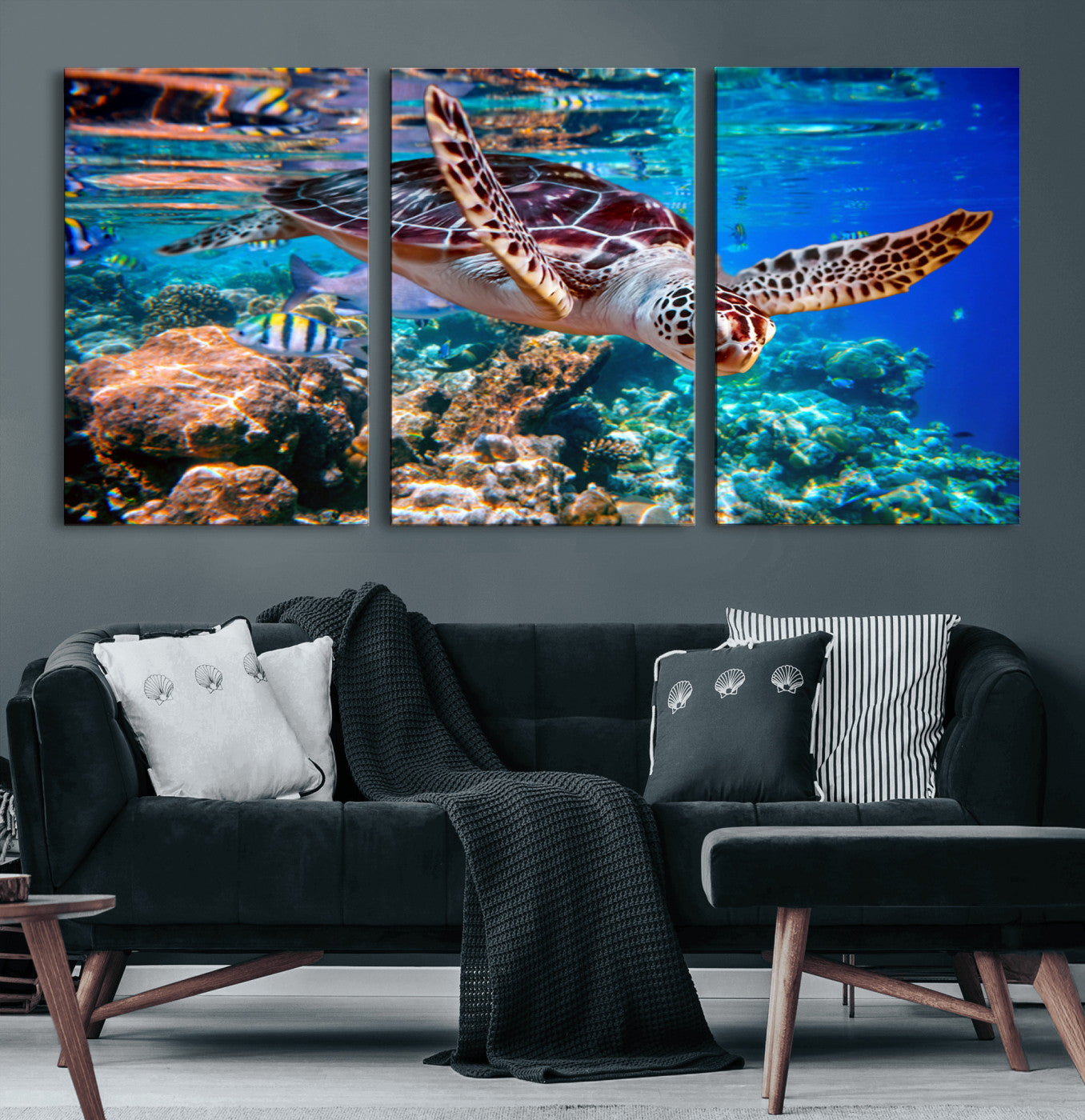 88200-MGV-CV-60X30-3P-Underwater Coral Reef Sea Turtle Wall Art Canvas Print, Vibrant Marine Life | Colorful Ocean Scene