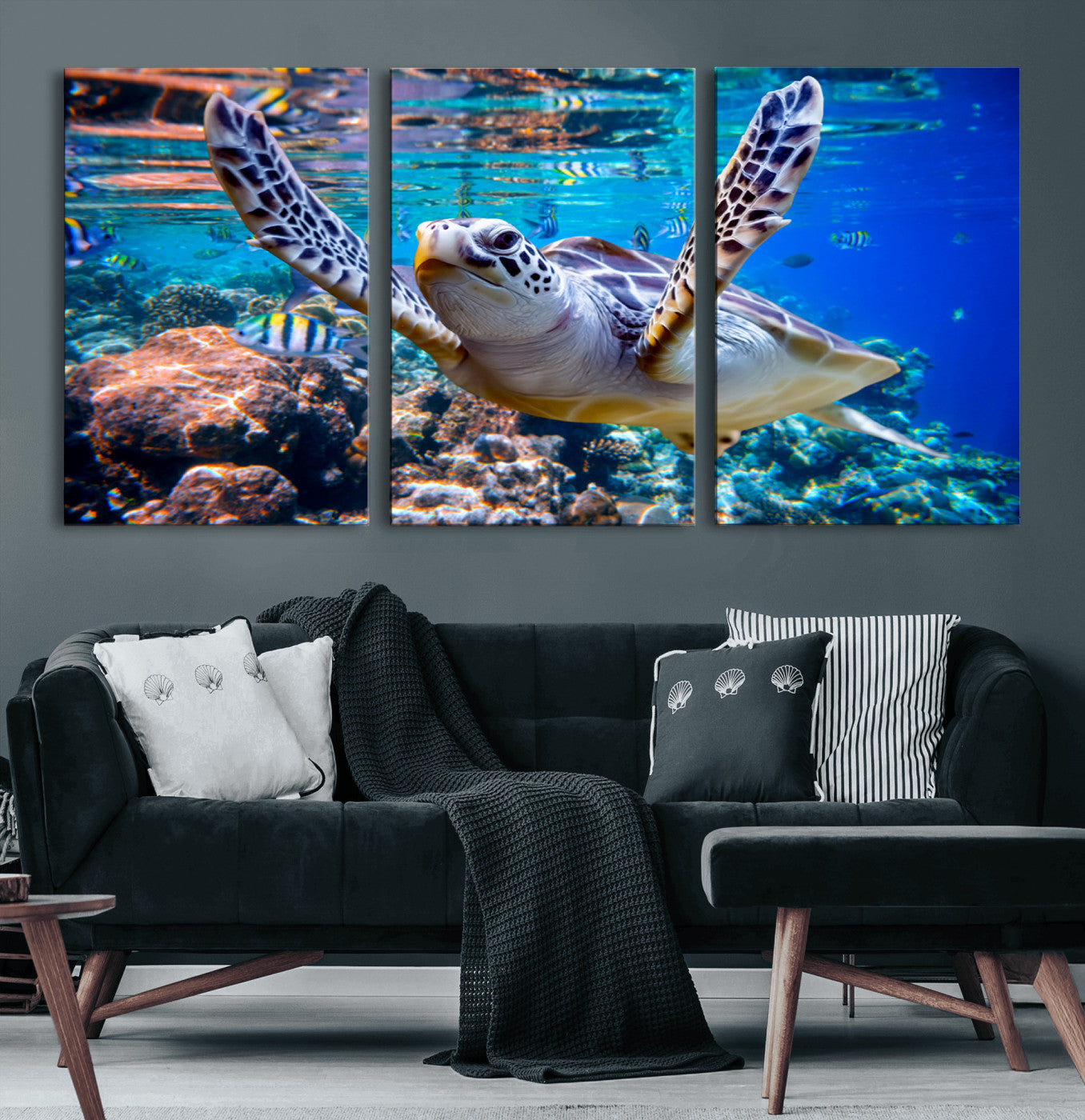 12683-MGV-CV-60X30-3P-Underwater Sea Turtle Wall Art Canvas Print – Vibrant Ocean Coral Reef Décor, Ready to Hang