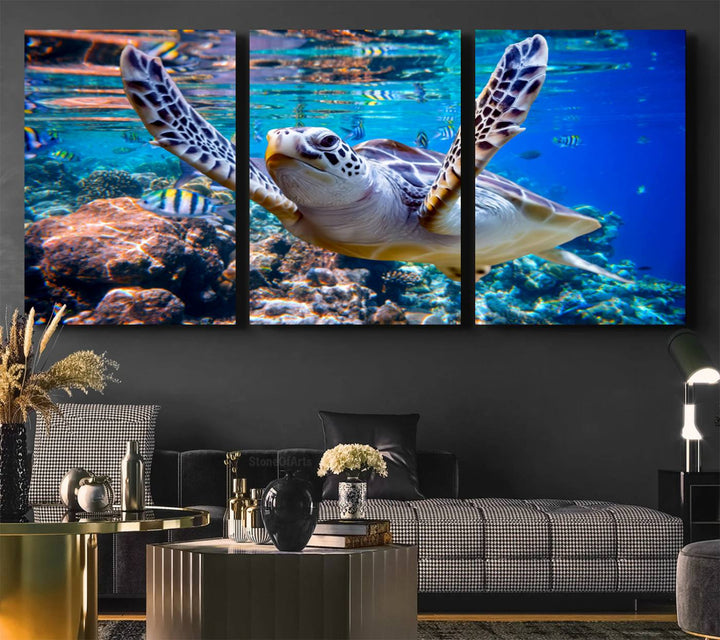 The Underwater Sea Turtle Wall Art Canvas Print serves as vibrant ocean décor, enhancing the kitchen with its stunning depiction.