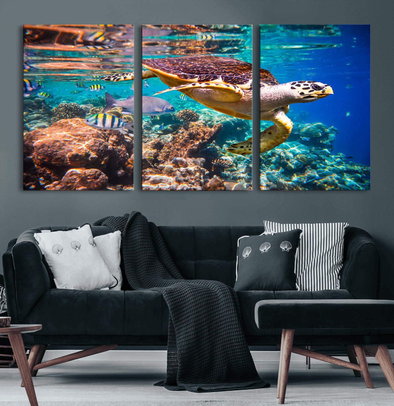 66614-MGV-CV-60X30-3P-Sea Turtle Wall Art Canvas Print – Vibrant Ocean Coral Reef Décor, Ready to Hang