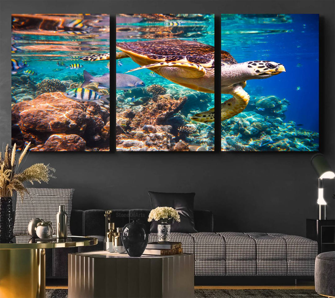 A Sea Turtle Wall Art Canvas Print features a colorful turtle swimming among coral. This artwork is ready to hang.