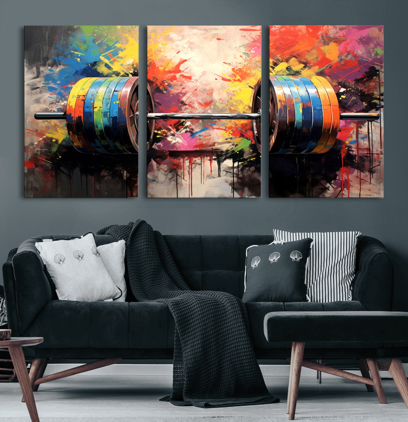 80436-MGV-CV-60X30-3P-Weightlifting Barbell Art Triptych, Bold Abstract Fitness Wall Decor for Gym or Home, Giclee Canvas
