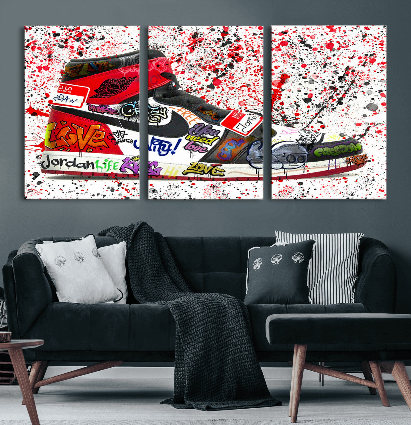 MGV-CV-60X30-3P - Jordan Shoes Graffiti Wall Art Canvas Print- Jordan Graffiti Canvas Wall Art - Framed Perfect for
