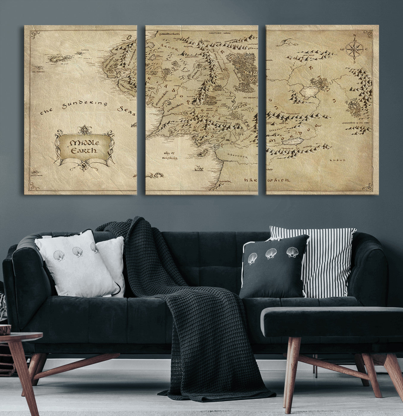 21784-MGV-CV-60X30-3P-Vintage Middle Earth Map Wall Art Canvas – Lord of the Rings Inspired Framed Map Print, Classic Fantasy Decor for Home, Office