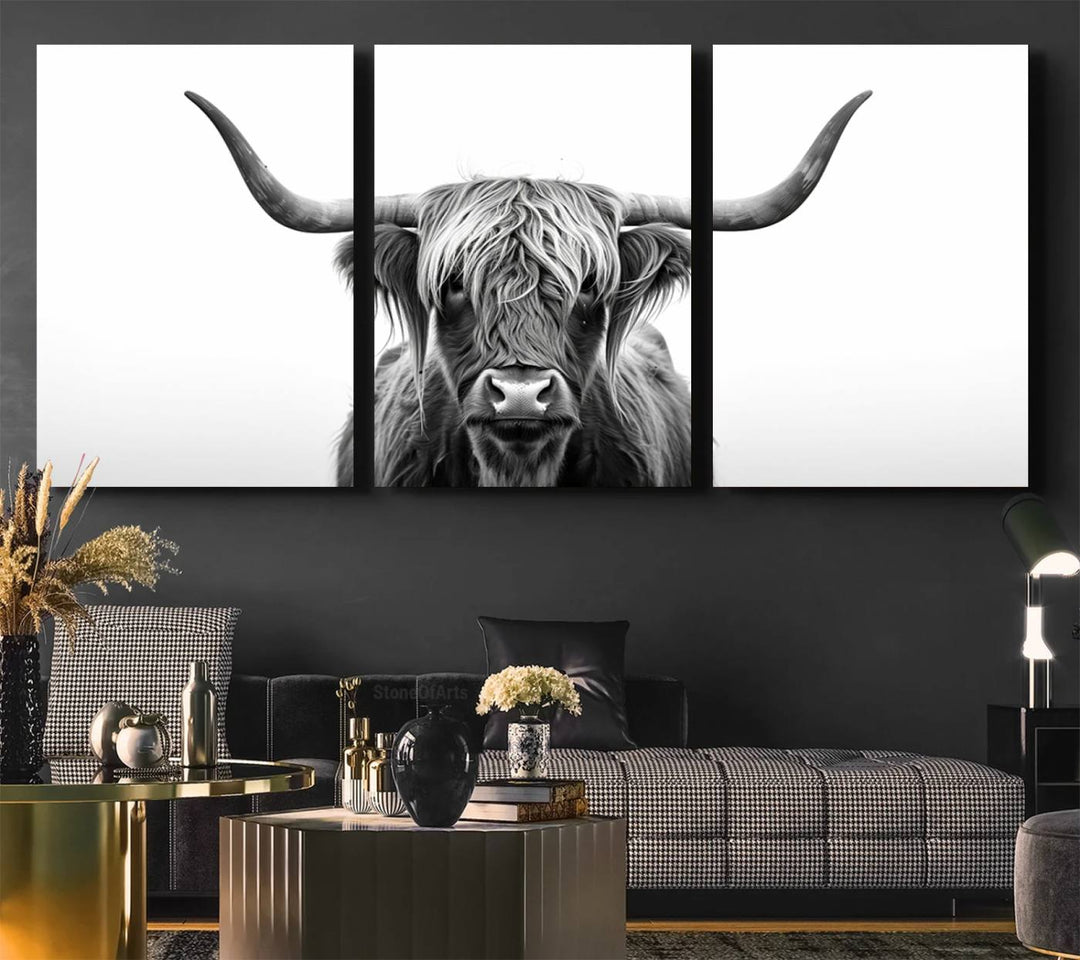 The Highland Wall Art Canvas captures minimalist farmhouse style with its black and white design.