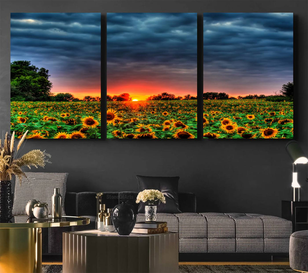 A Golden Sunflower Field at Sunset ready-to-hang wall art canvas print.