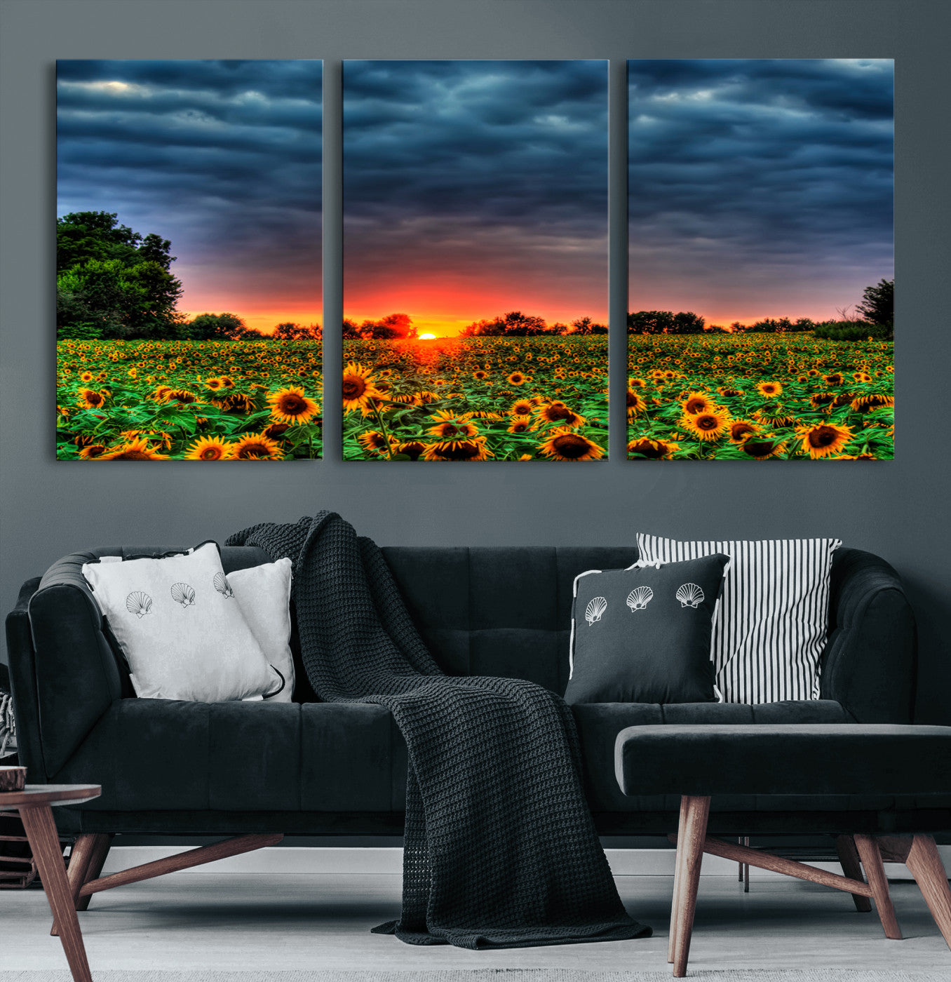 45045-MGV-CV-60X30-3P-Golden Sunflower Field at Sunset – Breathtaking Sky and Vibrant Flowers, Ready to Hang Wall Art
