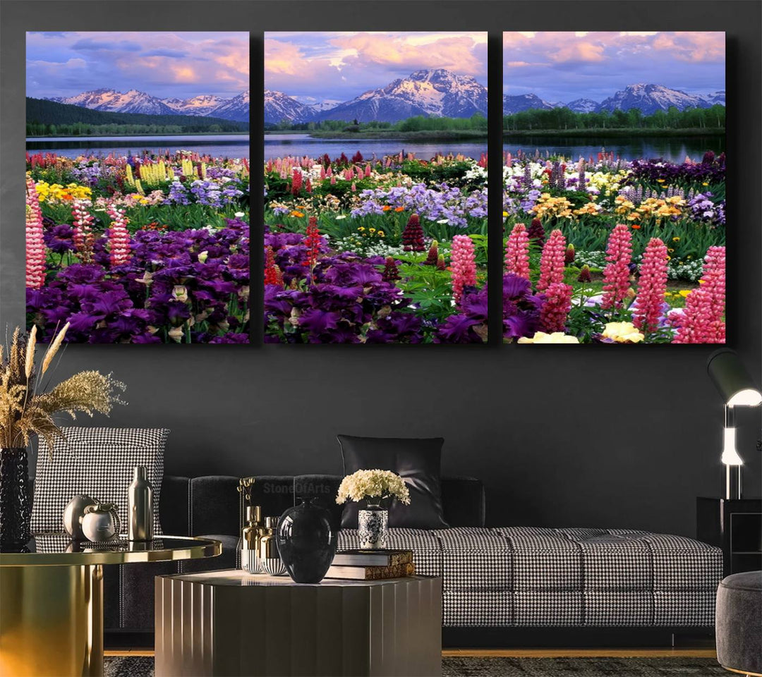 A Vibrant Wildflower Garden and Mountain View Giclee Print is displayed prominently on the wall.