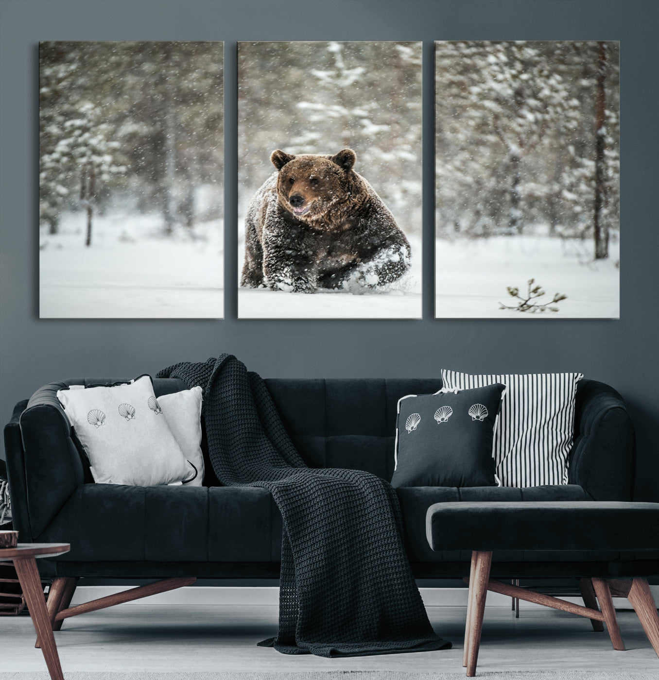 43350-MGV-CV-48X32-3P-Grizzly Bear Wall Art – Framed Snowy Forest Canvas Artwork, Wild Wilderness Design, Rustic Nature Decor for Home, Office
