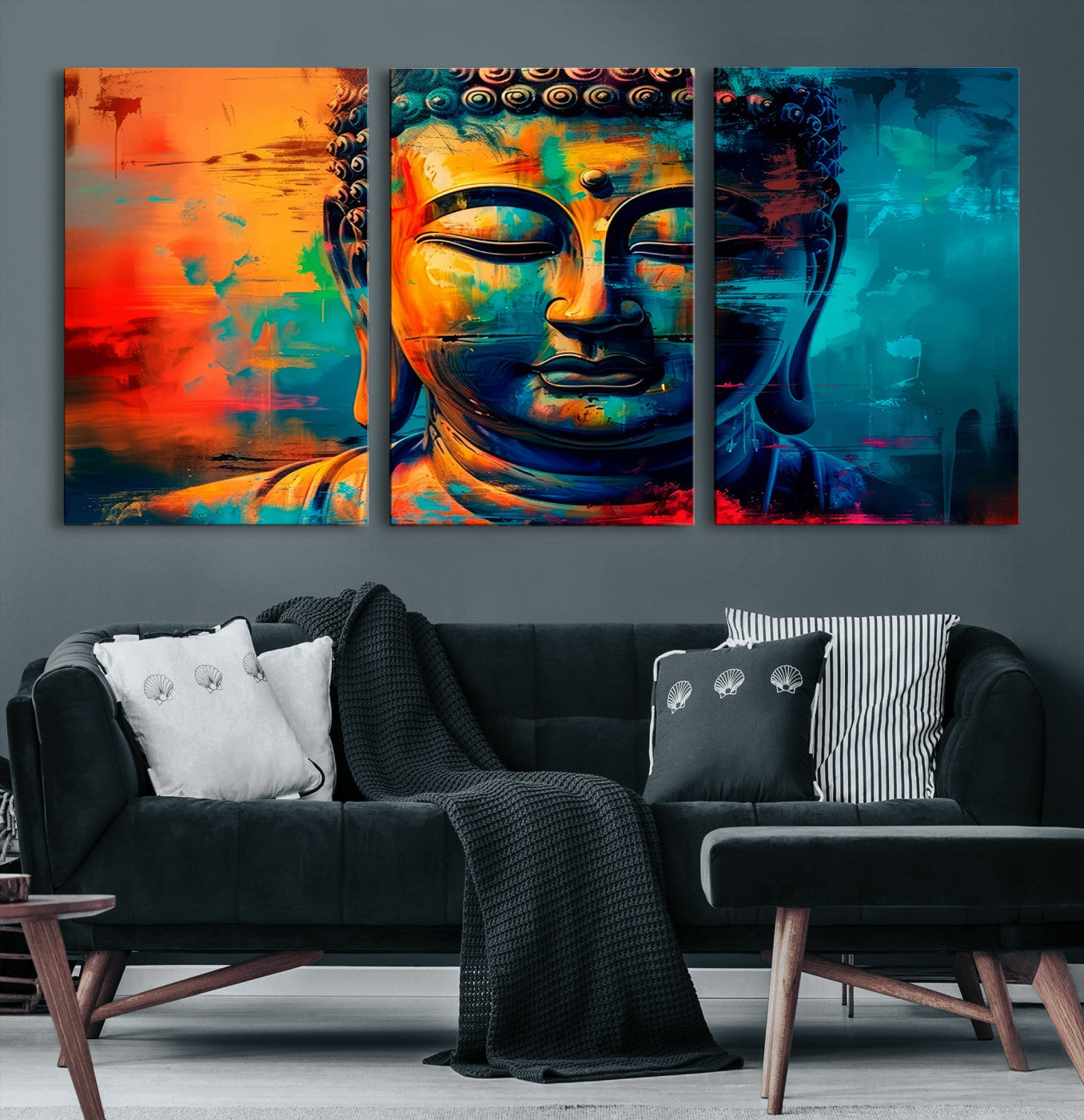 A vibrant, abstract artistic rendition of a Buddha statue face, blending bold and contrasting colors to evoke a sense of peace, spirituality, and enlightenment.