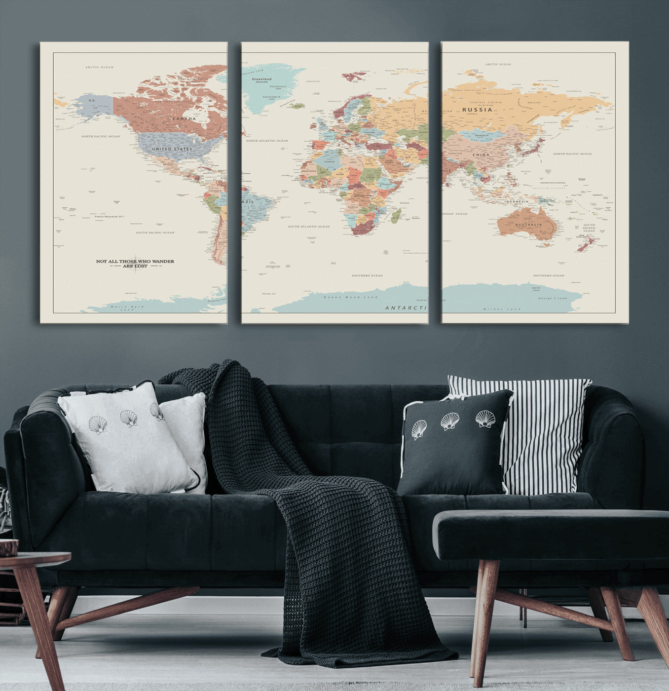 19241-MGV-CV-60X30-3P-World Map Canvas Print – Framed Minimalist Travel Map Wall Art, Neutral Toned Push Pin Map for Home Office or Study Decor