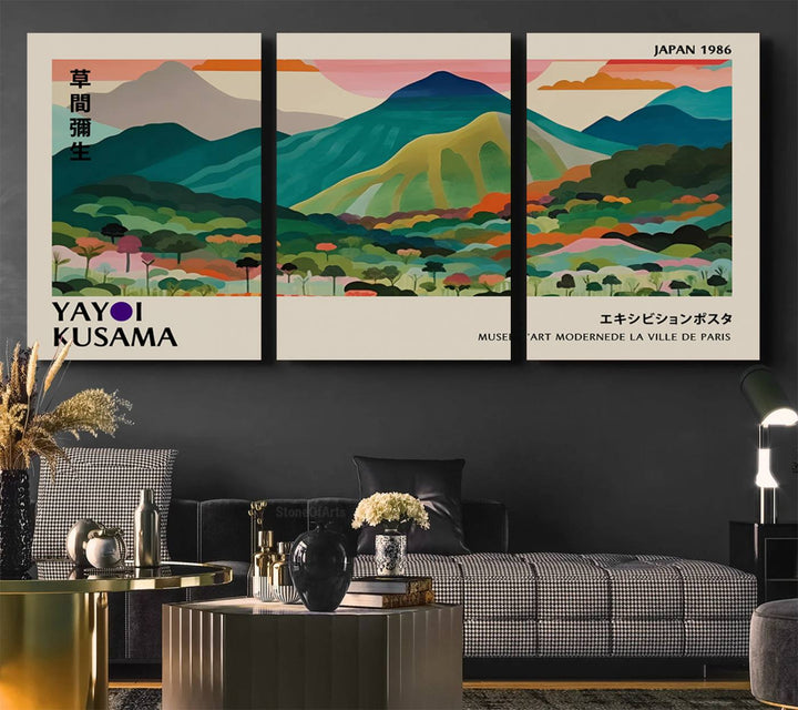 Vibrant Kusama landscape canvas featuring floral mountains and botanical decor, ideal for a modern home.