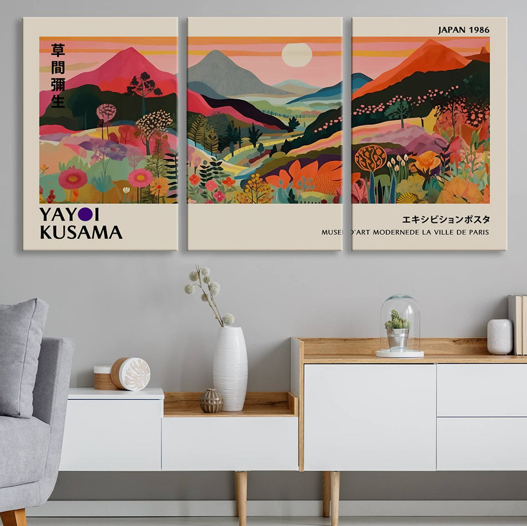 The Yayoi Kusama Landscape Print features vibrant floral mountains with abstract designs, ideal for modern decor.