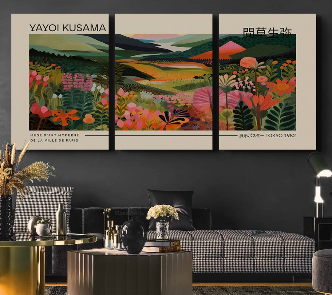 A Yayoi Kusama Landscape Canvas Print brightens the wall with vibrant floral and mountain art.