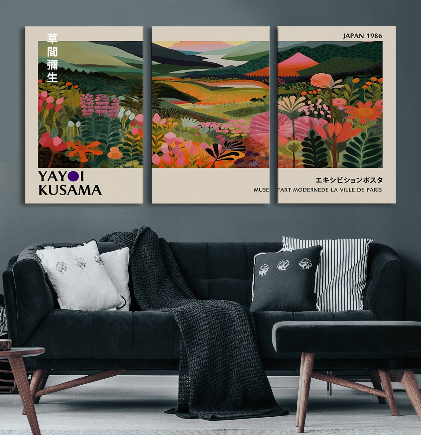 MGV-CV-60X30-3P - Yayoi Kusama Abstract Print, Vibrant Floral Mountain Art Print, Botanical Flower Nature Decor,