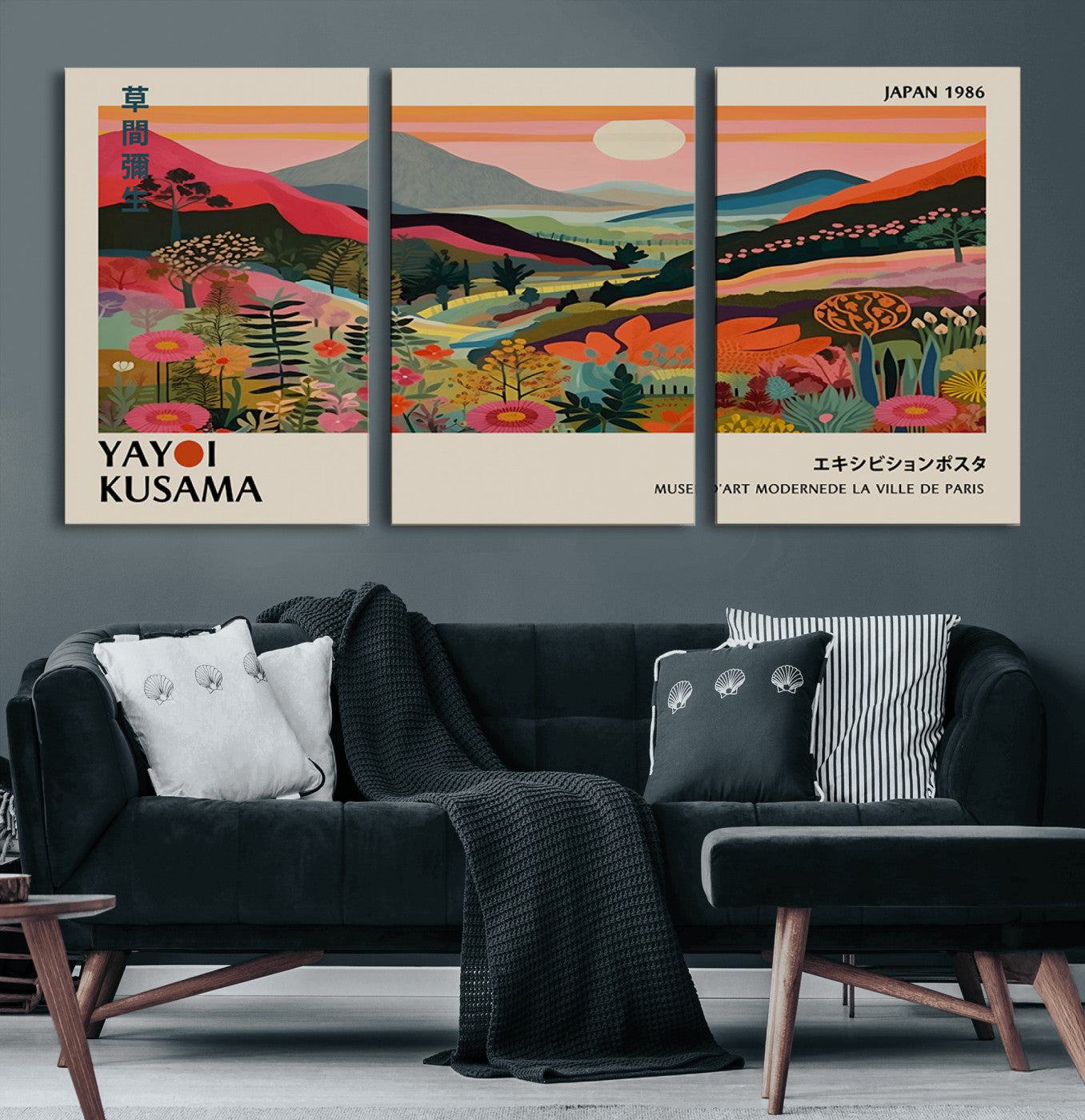 87360-MGV-FC-93X47-3P_Black-Yayoi Kusama Landscape Canvas Print, Vibrant Floral Mountain Art Print, Botanical Flower Nature