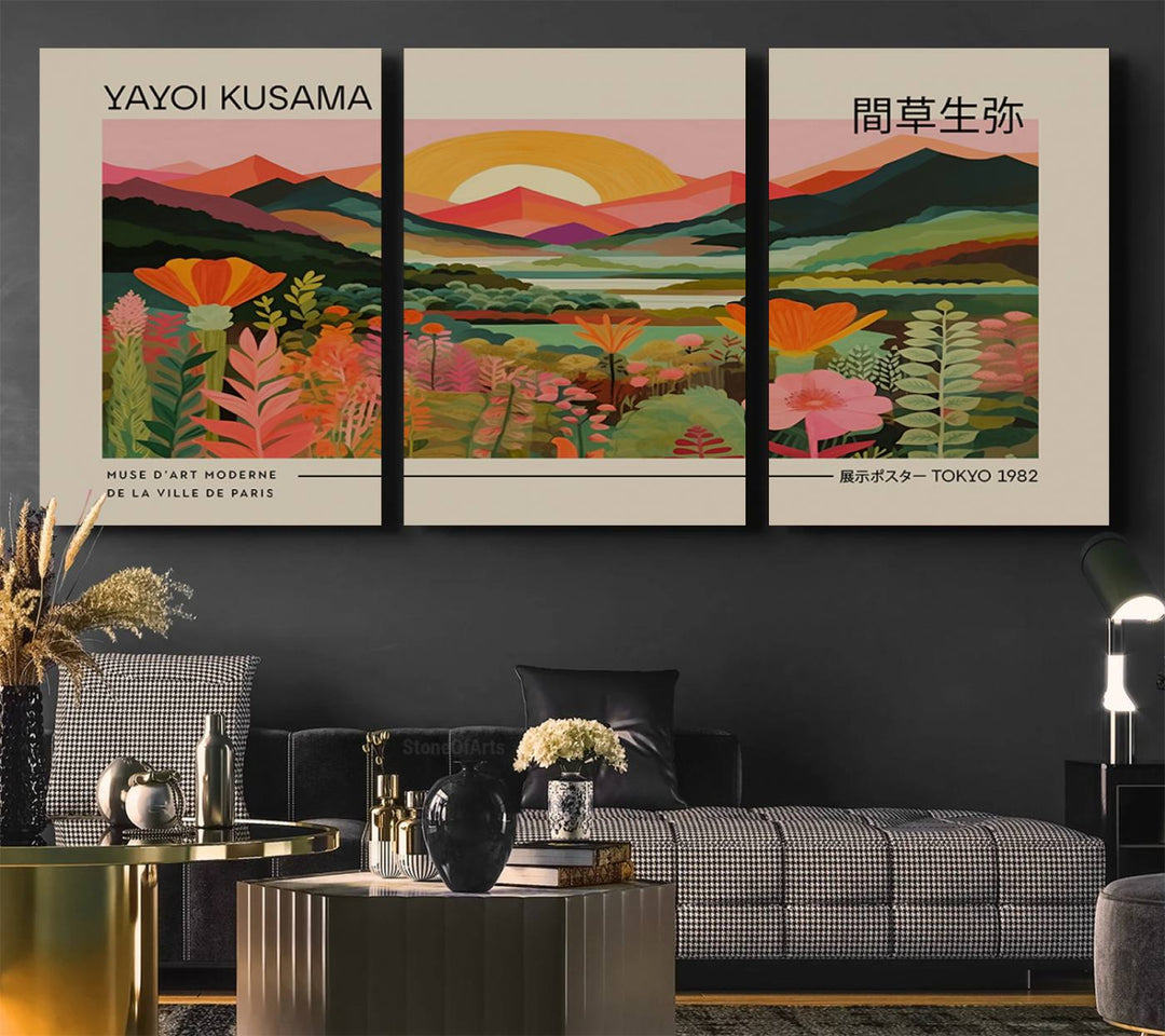 A Yayoi Kusama landscape print and an antique world map enhance the dining area.