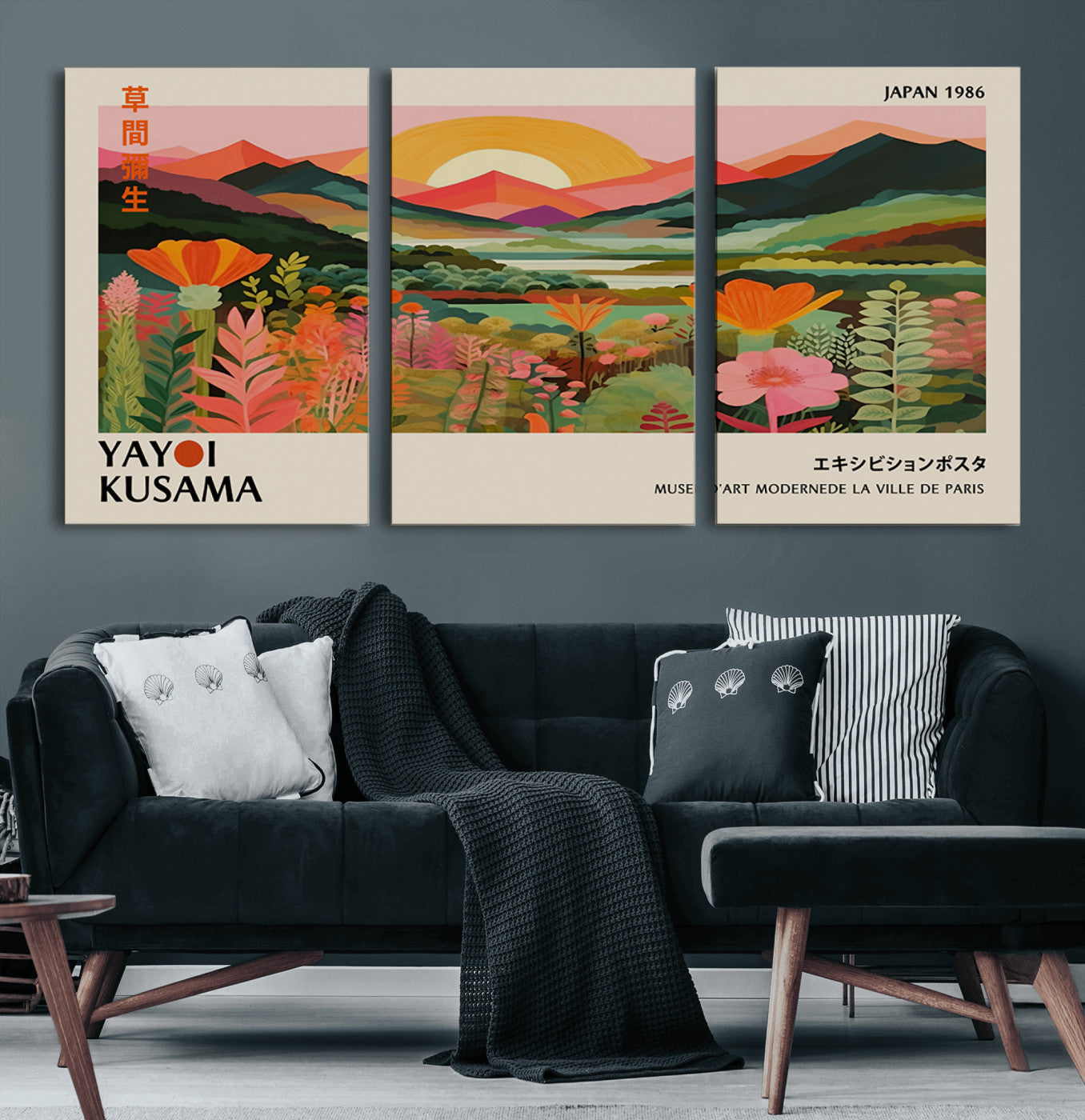 MGV-CV-60X30-3P - Framed Yayoi Kusama Print, Vibrant Floral Mountain Art Print, Botanical Flower Nature Decor, Sunset