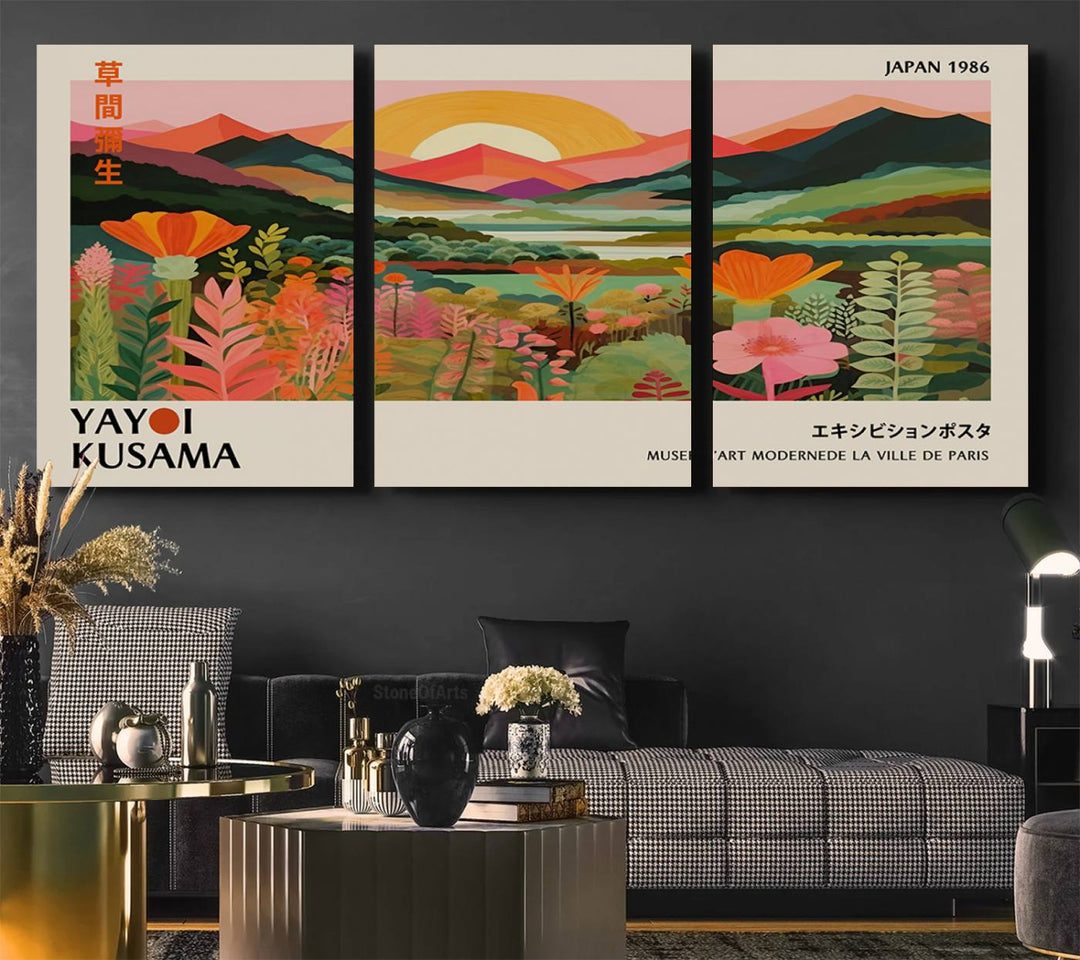 The Yayoi Kusama Landscape Canvas Print, featuring vibrant floral mountains and sunset scenery, enhances the room.