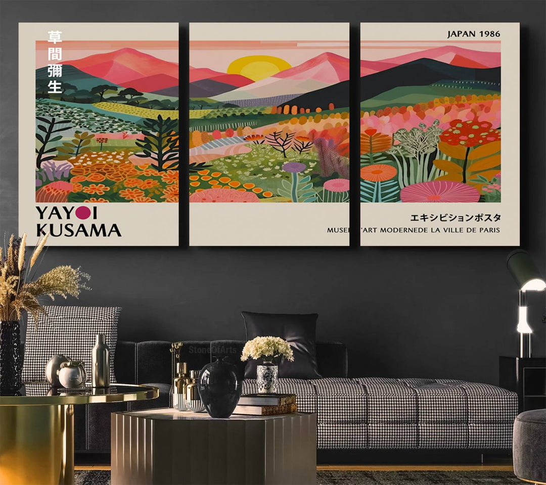 The wall art includes a vintage world map and Yayoi Kusamas colorful landscape.