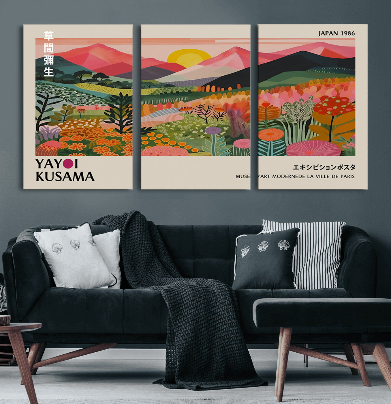 MGV-CV-60X30-3P - Yayoi Kusama Landscape Canvas Print, Vibrant Floral Mountain Art Print, Framed Botanical Wall Art -