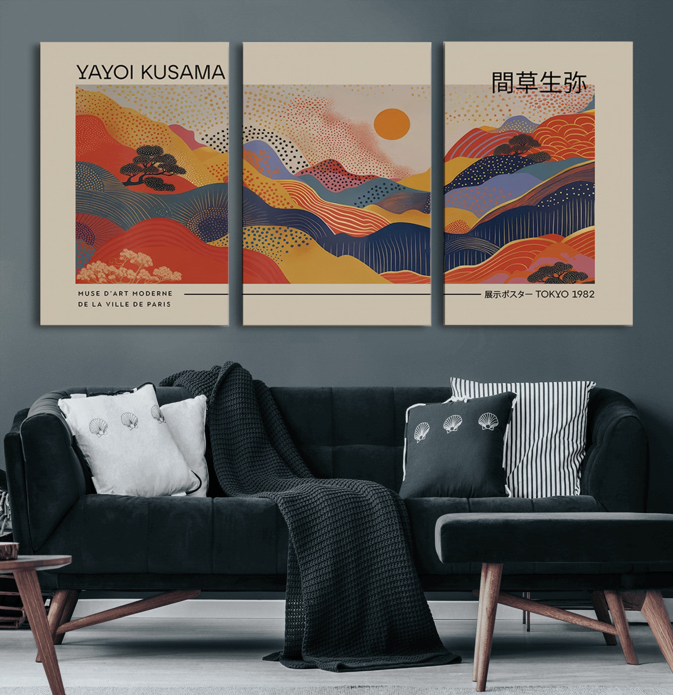 MGV-CV-60X30-3P - Yayoi Kusama Landscape Canvas Print, Vibrant Floral Mountain Art Print, Botanical Flower Nature