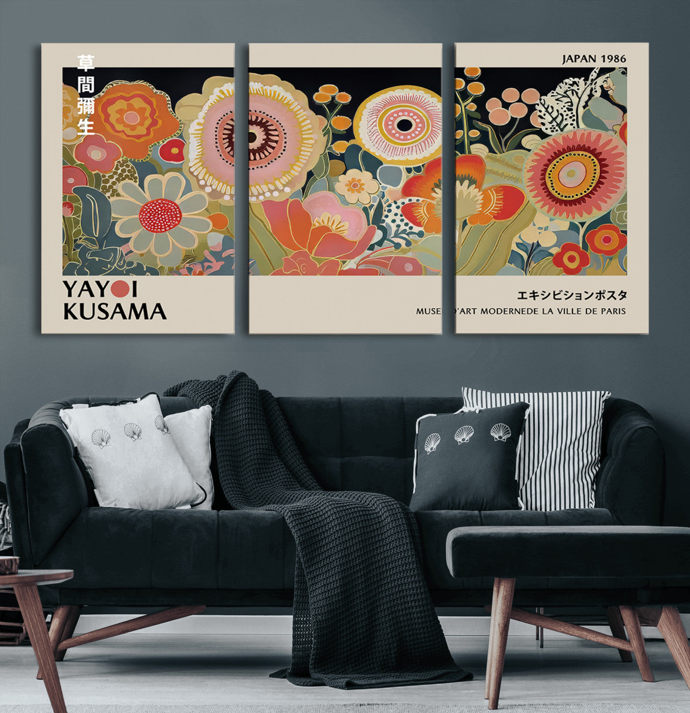 MGV-CV-60X30-3P - Yayoi Kusama Landscape Canvas Print, Vibrant Floral Mountain Art Print, Botanical Flower Nature Decor, Sunset Scenery Artwork