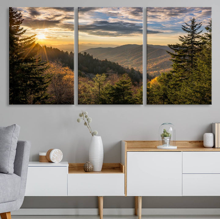 The dining area is beautifully decorated with the Sunrise Over the Smoky Mountains Canvas Wall Art – a breathtaking scenic landscape photography in a stunning triptych that's ready to hang.