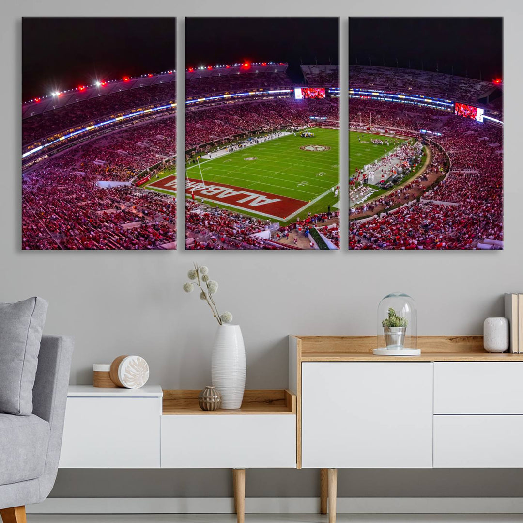 A stunning triptych canvas wall art of the Bryant-Denny Stadium Night Game perfectly captures the energy and excitement of an Alabama Crimson Tide football match at night.