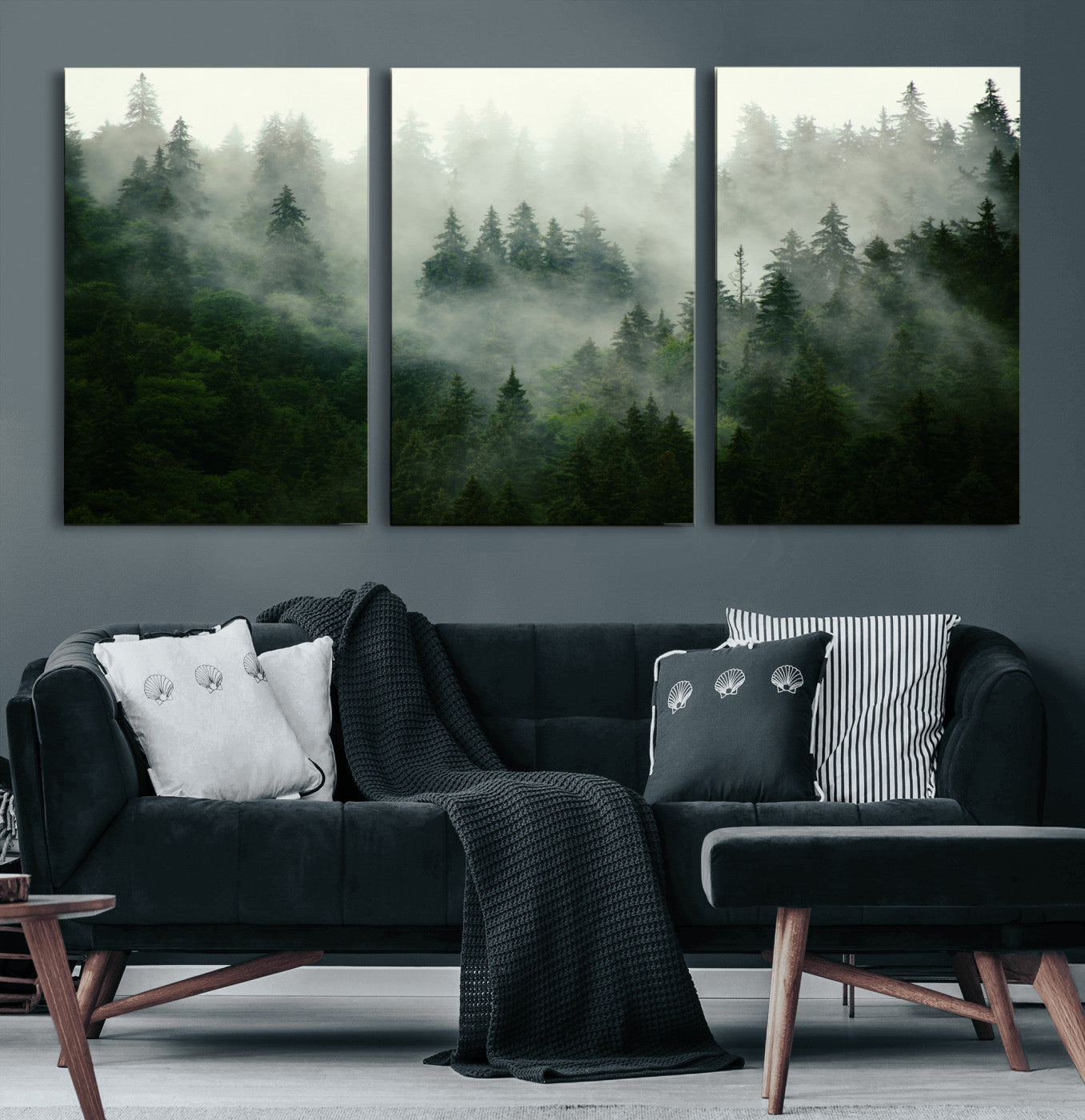 MGV-CV-60X30-3P - Misty Forest Mountain Wall Art Canvas  | Large 3-Panel Foggy Landscape Canvas Print | Nature Misty