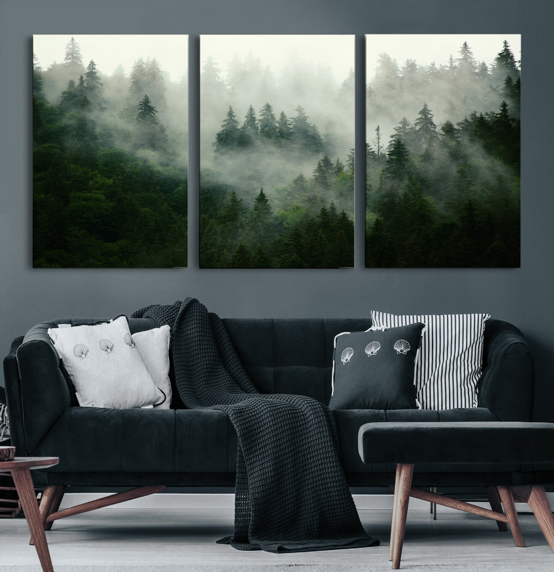 Misty Forest Wall Art Canvas Print - Foggy Forest Landscape Canvas Wall Art – Serene Triptych Nature Print – Woodland Landscape Decor