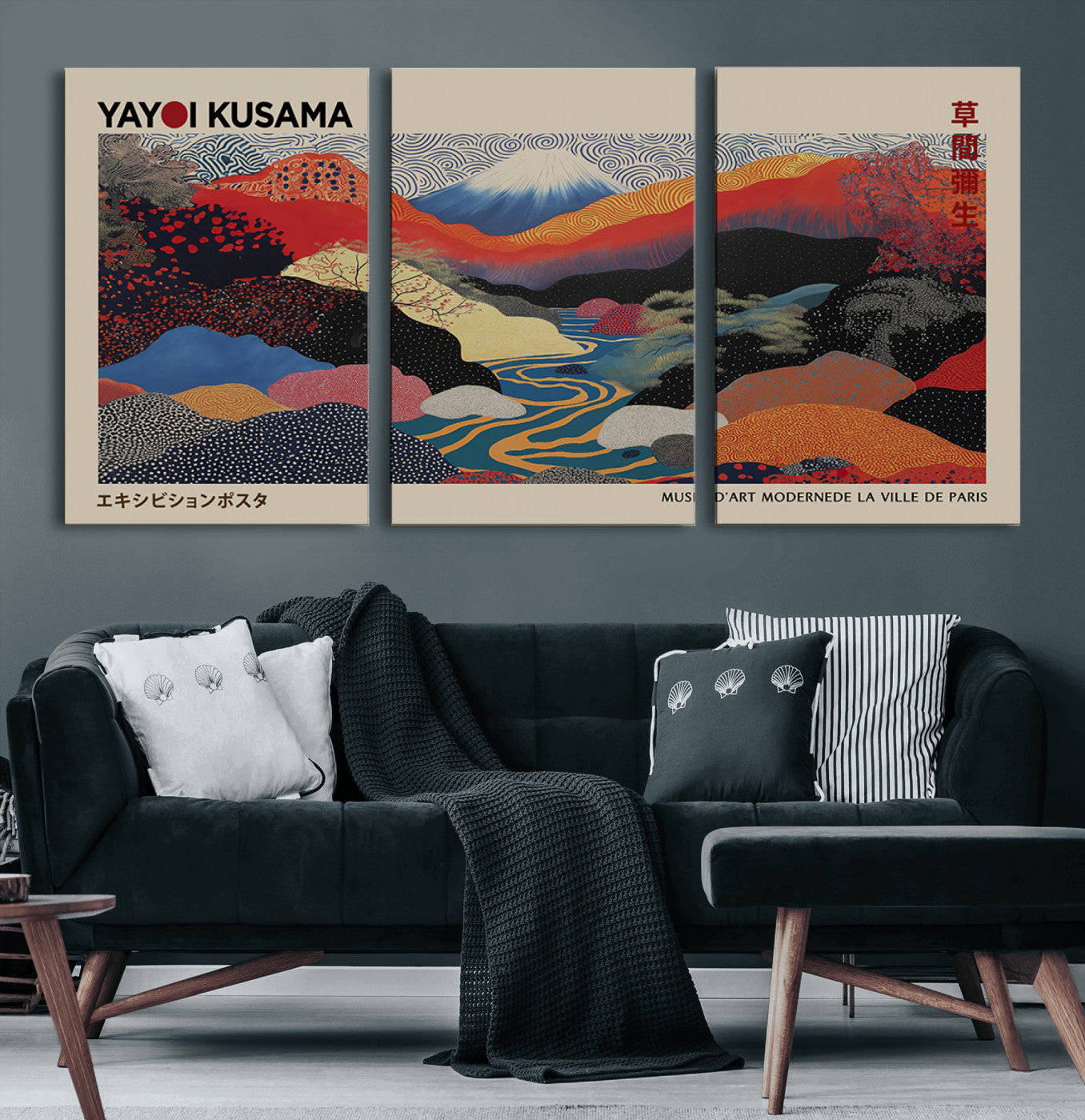86784-MGV-CV-60X30-3P-Yayoi Kusama Wall Art – Framed Japanese Abstract Art Print, Modern Wabi Sabi Inspired Canvas for Living Room, Office, or Gallery Decor