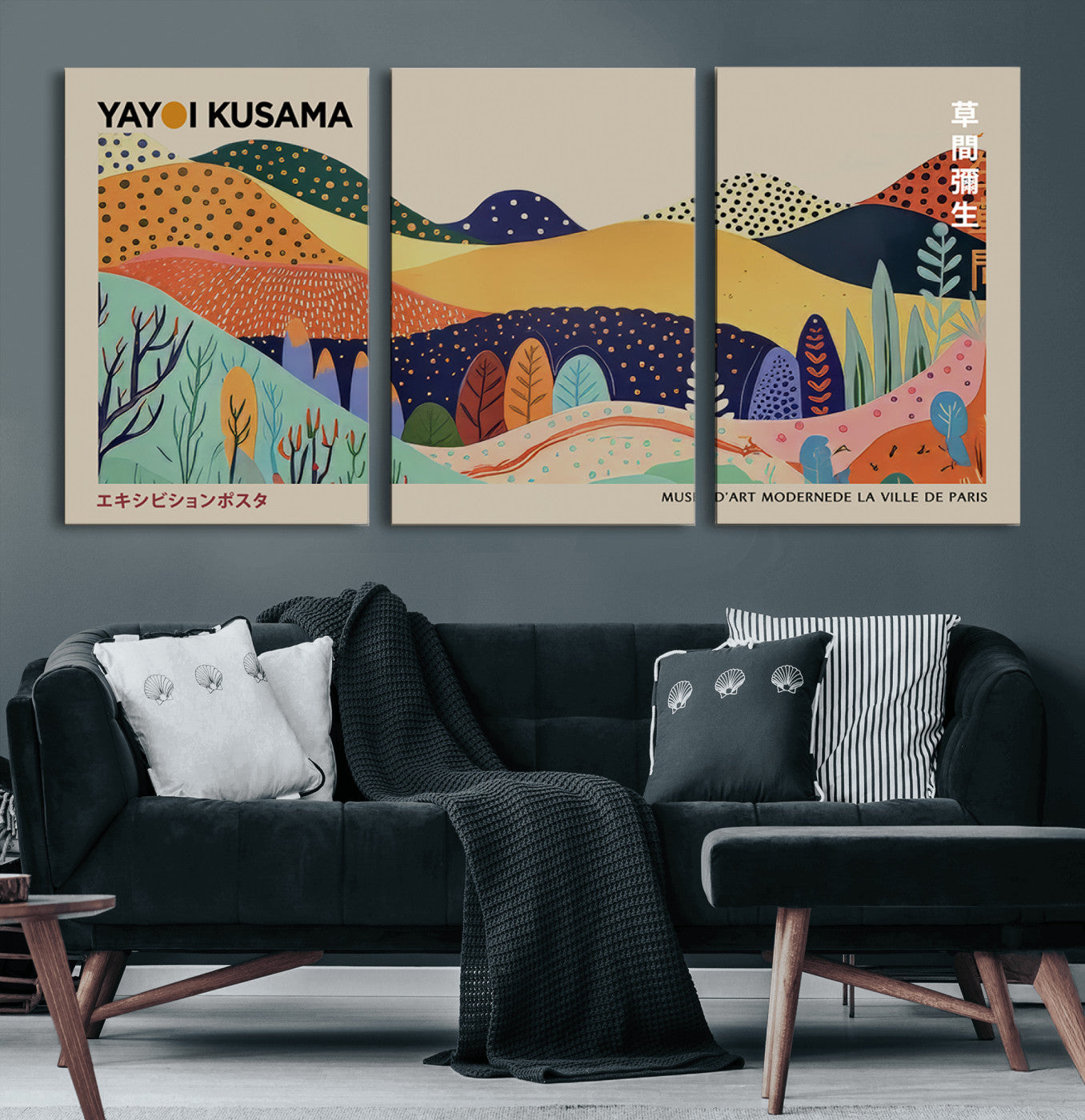MGV-CV-60X30-3P - Framed Yayoi Kusama 1986 Wall Art Print – Japanese Wall Art Print, Wabi Sabi Yayoi Kusama Print -