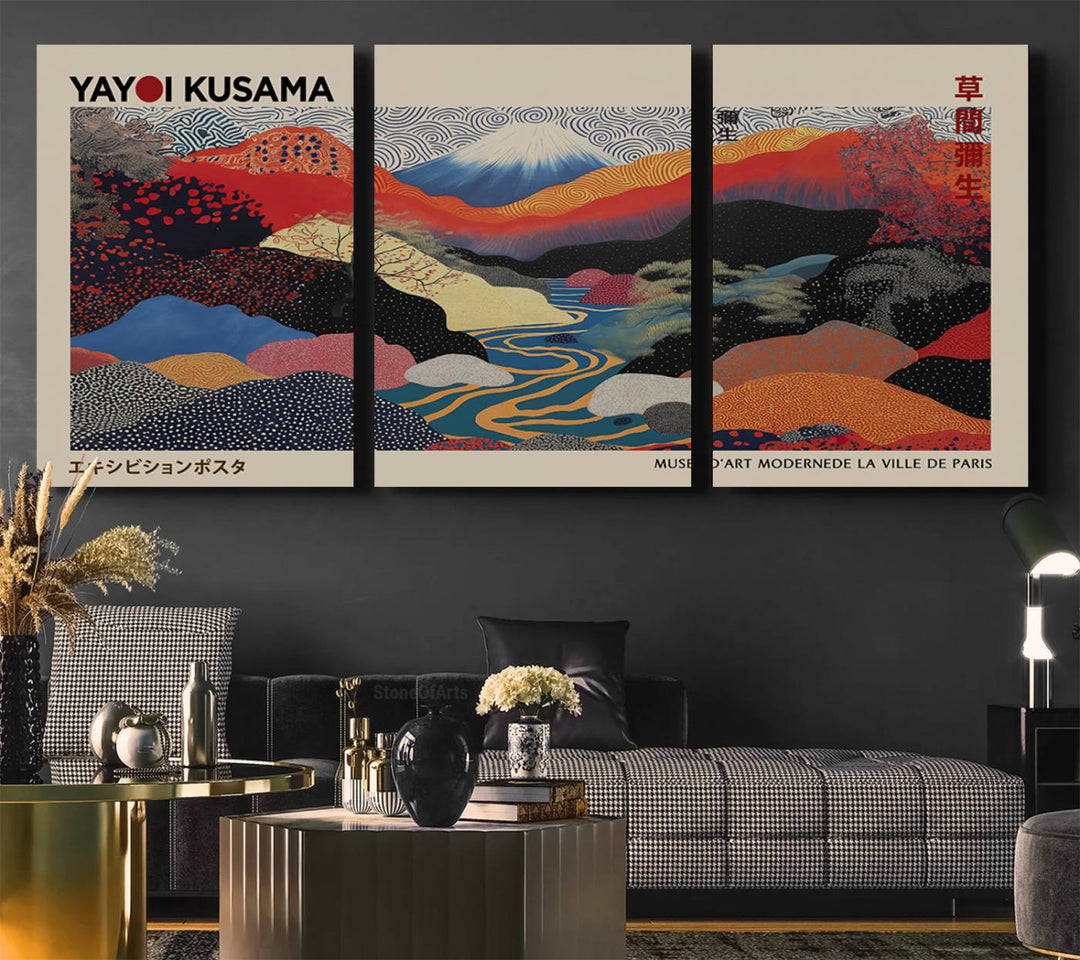 The room showcases Kusamas 1986 vibrant abstract landscape wall art print.