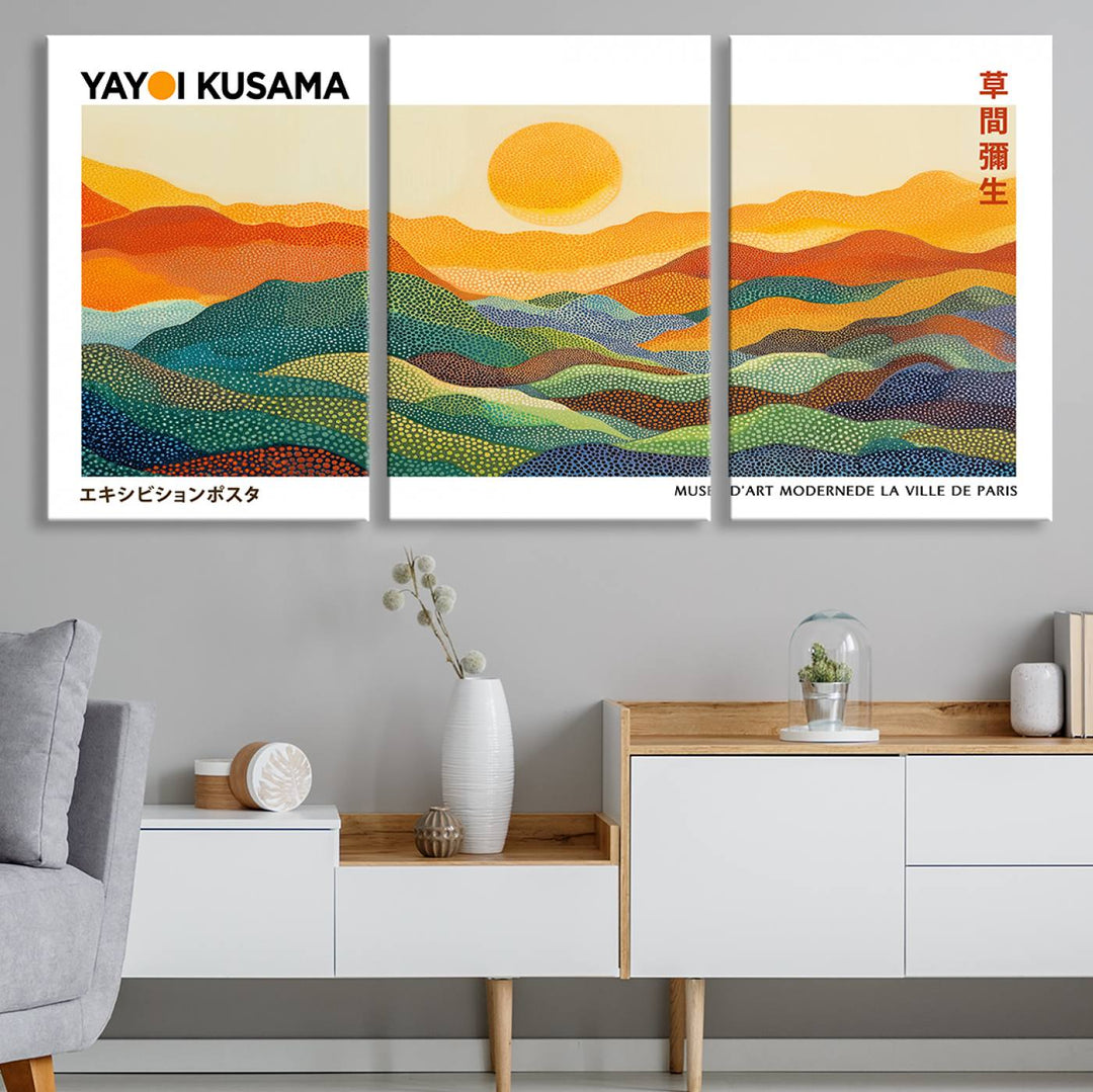 The Framed Yayoi Kusama 1986 Wall Art Print—a vibrant abstract landscape on canvas—draws inspiration from Japanese Wabi Sabi aesthetics, featuring colorful dots reminiscent of Kusama's iconic style. Perfect for contemporary décor, it makes an artistic statement when positioned against a dark wall.