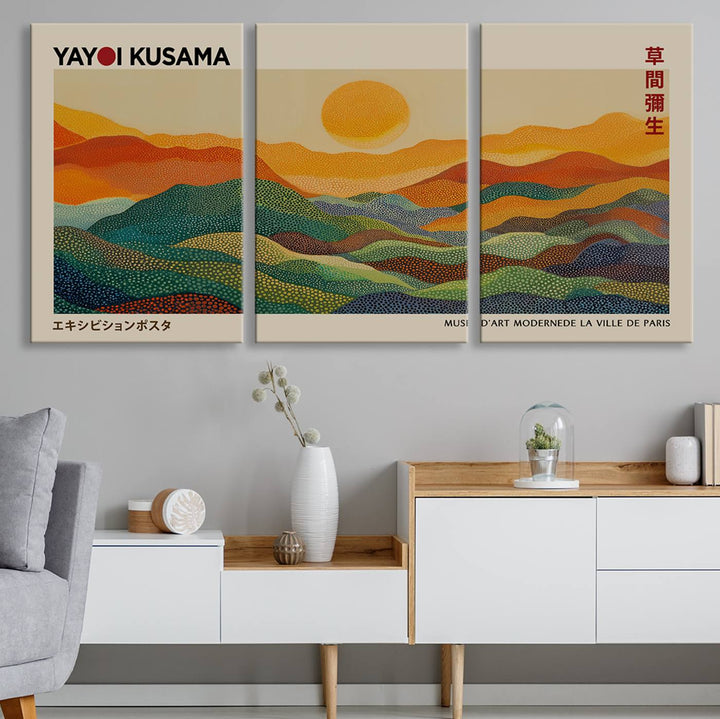 The vibrant abstract landscape depicted in the three-panel "Framed Yayoi Kusama 1986 Wall Art Print" seamlessly integrates nature-inspired décor.