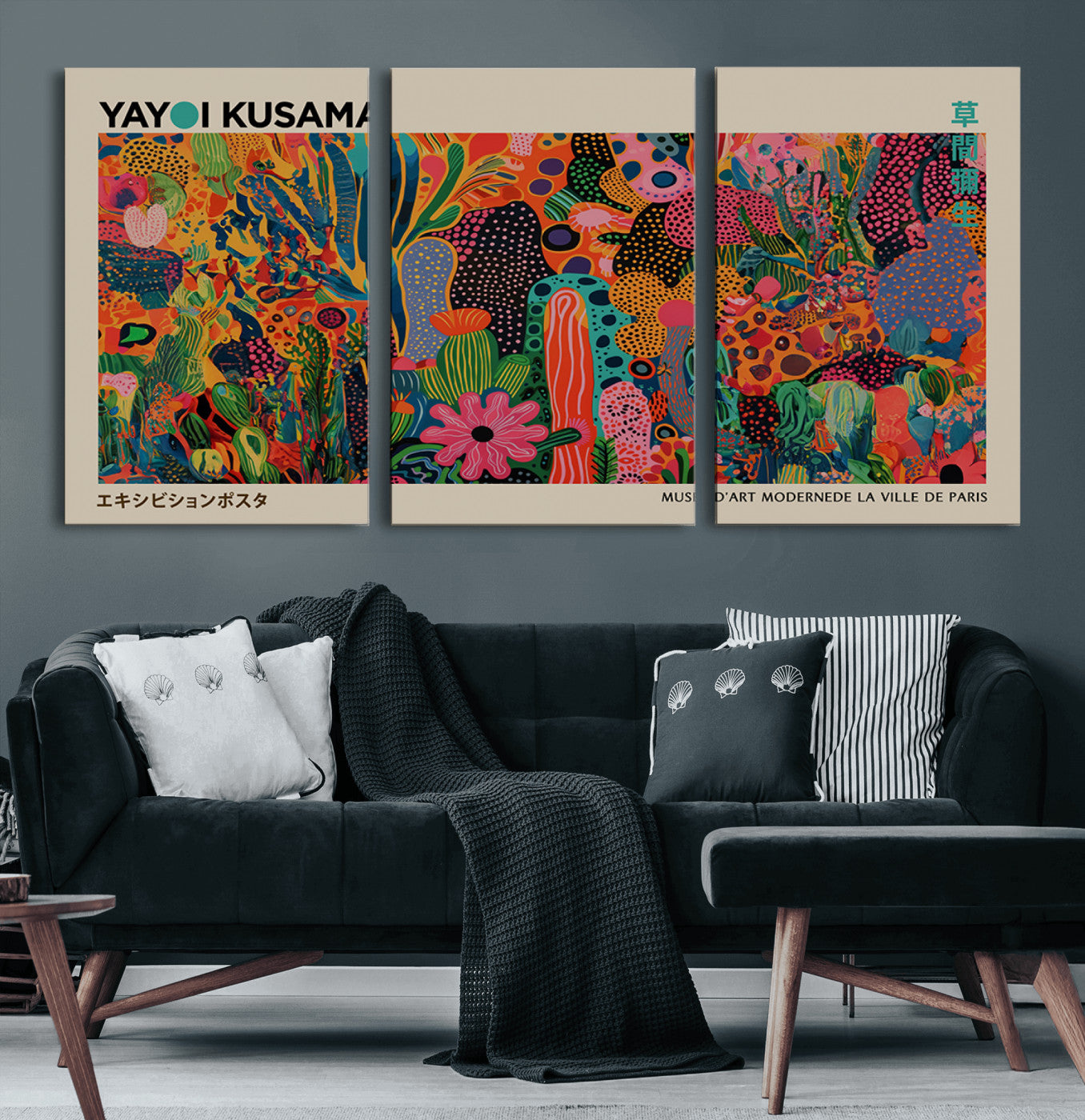 24116-MGV-CV-60X30-3P-Framed Yayoi Kusama 1986 Wall Art Print – Japanese Wall Art Print, Wabi Sabi Yayoi Kusama Print -