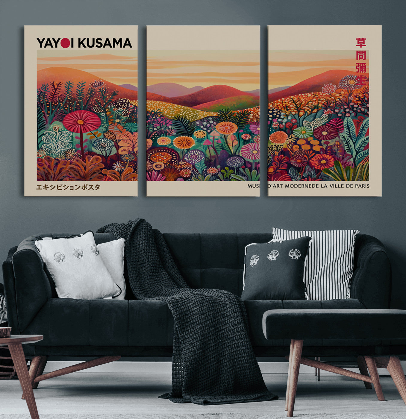 MGV-CV-60X30-3P - Framed Yayoi Kusama 1986 Wall Art Print – Japanese Wall Art Print, Wabi Sabi Yayoi Kusama Print -