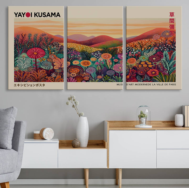 The room is adorned with a triptych artwork depicting colorful flowers and hills, incorporating the "Framed Yayoi Kusama 1986 Wall Art Print" – a vibrant abstract landscape canvas print that blends Japanese Wabi Sabi themes into contemporary nature-inspired décor.