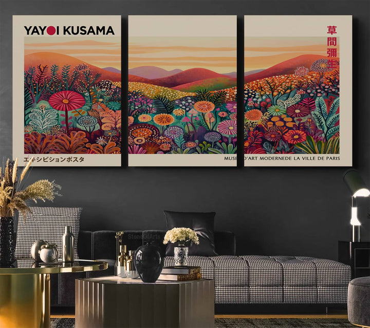 A framed Yayoi Kusama abstract landscape art print adorns the wall.