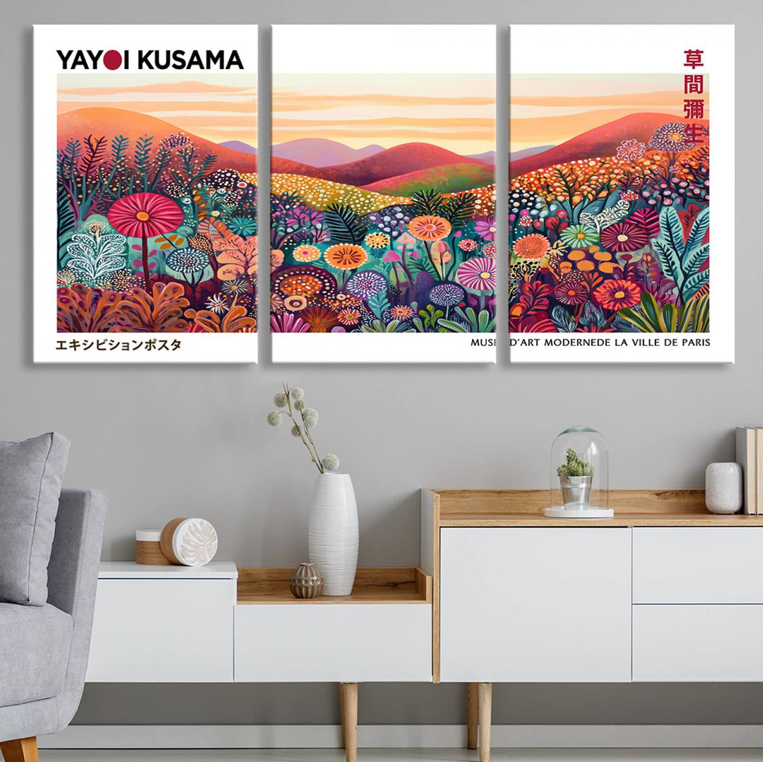 A Framed Yayoi Kusama 1986 Wall Art Print, showcasing a vibrant abstract landscape with flowers and reflecting the Wabi Sabi style, is displayed.